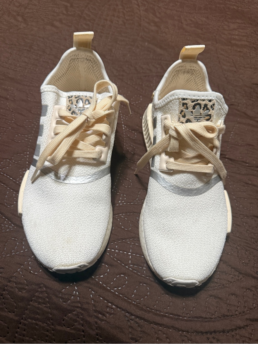 adidas Women's Cream and White w leopard print Knit Lace-Up Sneakers